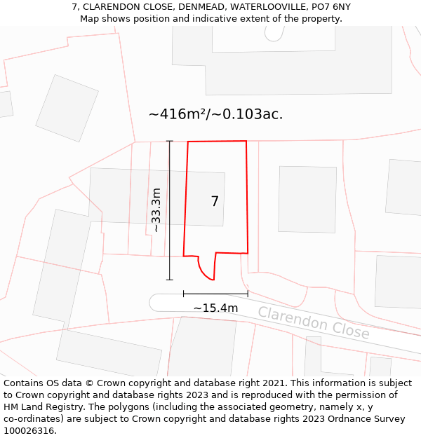 7, CLARENDON CLOSE, DENMEAD, WATERLOOVILLE, PO7 6NY: Plot and title map