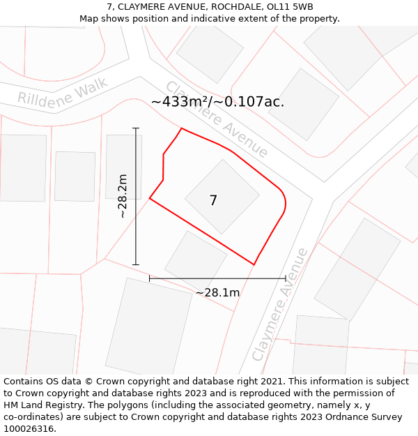 7, CLAYMERE AVENUE, ROCHDALE, OL11 5WB: Plot and title map