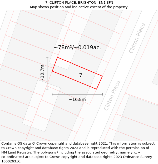 7, CLIFTON PLACE, BRIGHTON, BN1 3FN: Plot and title map