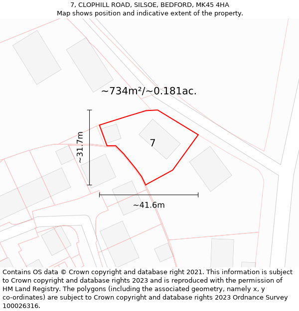 7, CLOPHILL ROAD, SILSOE, BEDFORD, MK45 4HA: Plot and title map