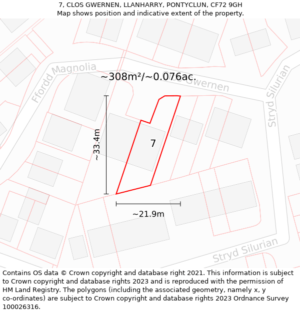 7, CLOS GWERNEN, LLANHARRY, PONTYCLUN, CF72 9GH: Plot and title map