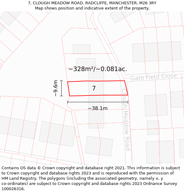 7, CLOUGH MEADOW ROAD, RADCLIFFE, MANCHESTER, M26 3RY: Plot and title map