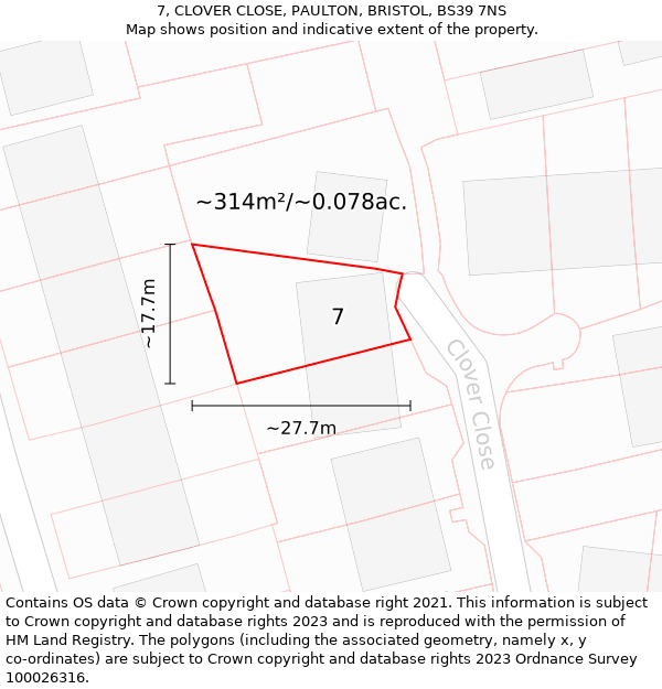 7, CLOVER CLOSE, PAULTON, BRISTOL, BS39 7NS: Plot and title map