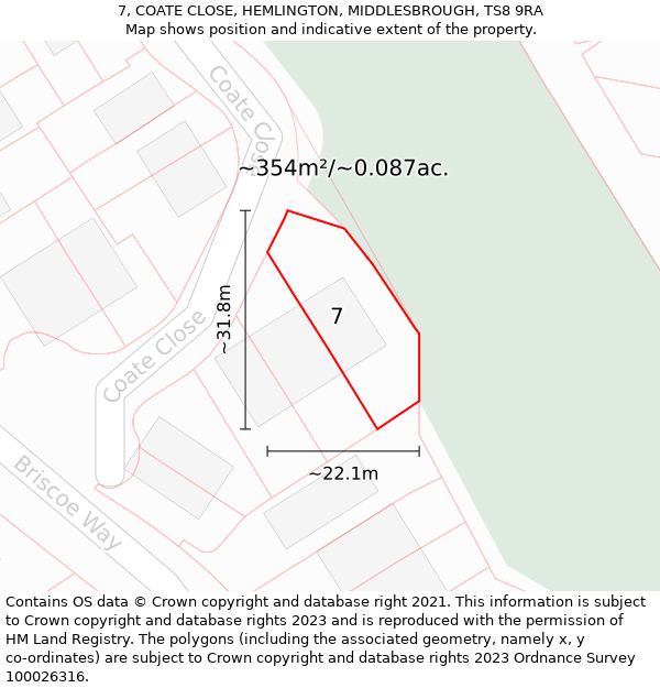 7, COATE CLOSE, HEMLINGTON, MIDDLESBROUGH, TS8 9RA: Plot and title map