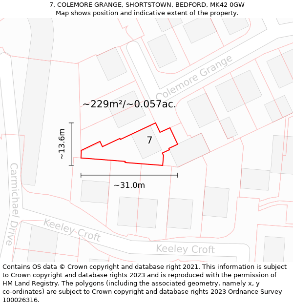 7, COLEMORE GRANGE, SHORTSTOWN, BEDFORD, MK42 0GW: Plot and title map