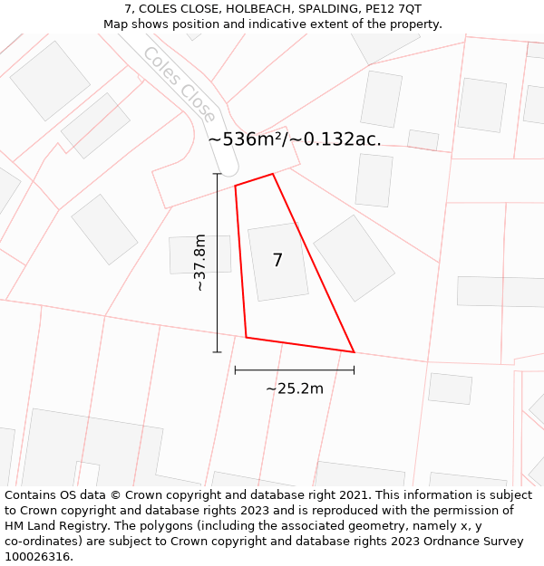 7, COLES CLOSE, HOLBEACH, SPALDING, PE12 7QT: Plot and title map
