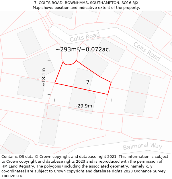 7, COLTS ROAD, ROWNHAMS, SOUTHAMPTON, SO16 8JX: Plot and title map