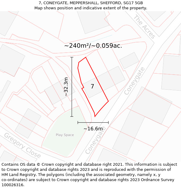 7, CONEYGATE, MEPPERSHALL, SHEFFORD, SG17 5GB: Plot and title map