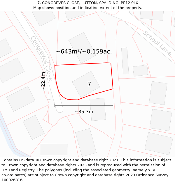 7, CONGREVES CLOSE, LUTTON, SPALDING, PE12 9LX: Plot and title map