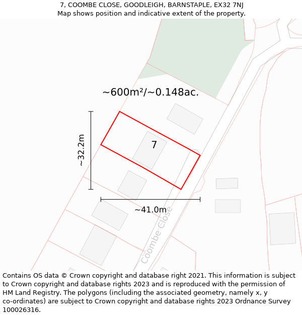 7, COOMBE CLOSE, GOODLEIGH, BARNSTAPLE, EX32 7NJ: Plot and title map