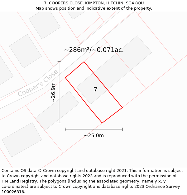 7, COOPERS CLOSE, KIMPTON, HITCHIN, SG4 8QU: Plot and title map