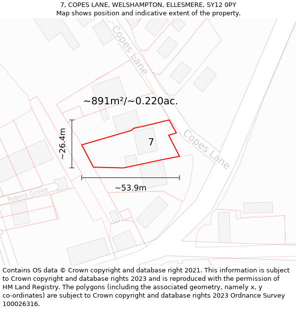 7, COPES LANE, WELSHAMPTON, ELLESMERE, SY12 0PY: Plot and title map