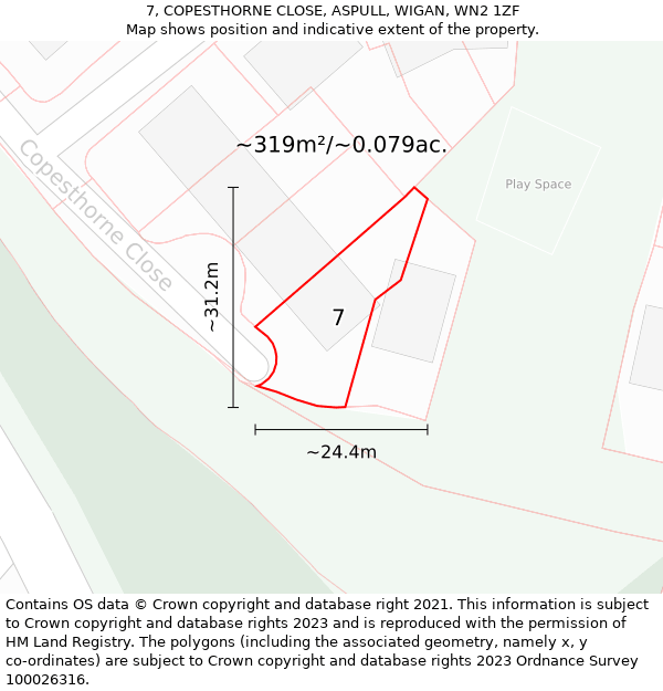 7, COPESTHORNE CLOSE, ASPULL, WIGAN, WN2 1ZF: Plot and title map