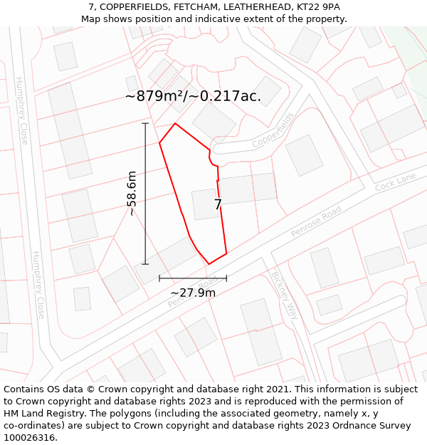 7, COPPERFIELDS, FETCHAM, LEATHERHEAD, KT22 9PA: Plot and title map