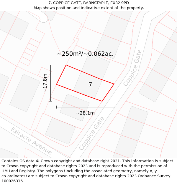 7, COPPICE GATE, BARNSTAPLE, EX32 9PD: Plot and title map