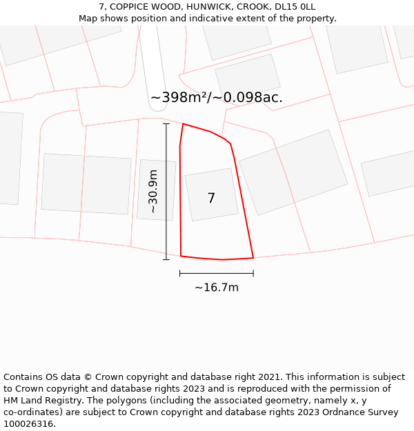 7, COPPICE WOOD, HUNWICK, CROOK, DL15 0LL: Plot and title map