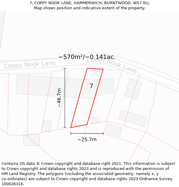 7, COPPY NOOK LANE, HAMMERWICH, BURNTWOOD, WS7 0LL: Plot and title map
