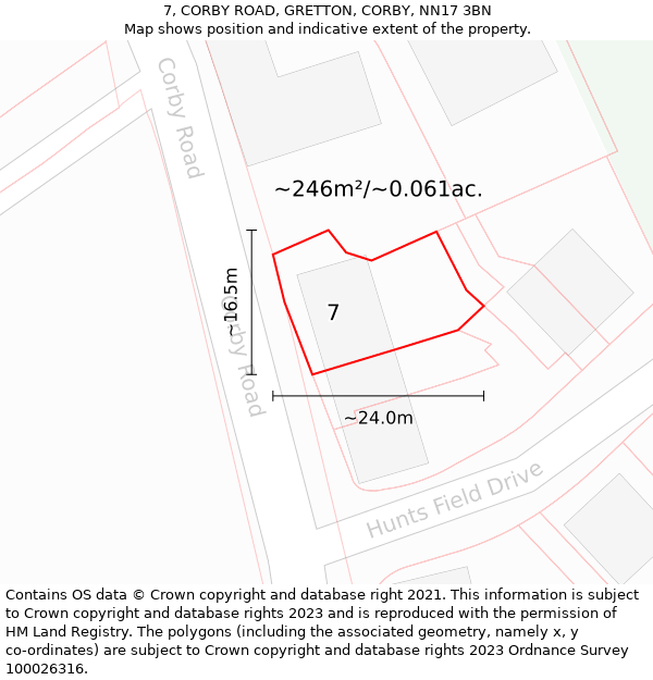7, CORBY ROAD, GRETTON, CORBY, NN17 3BN: Plot and title map