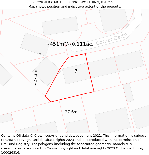 7, CORNER GARTH, FERRING, WORTHING, BN12 5EL: Plot and title map