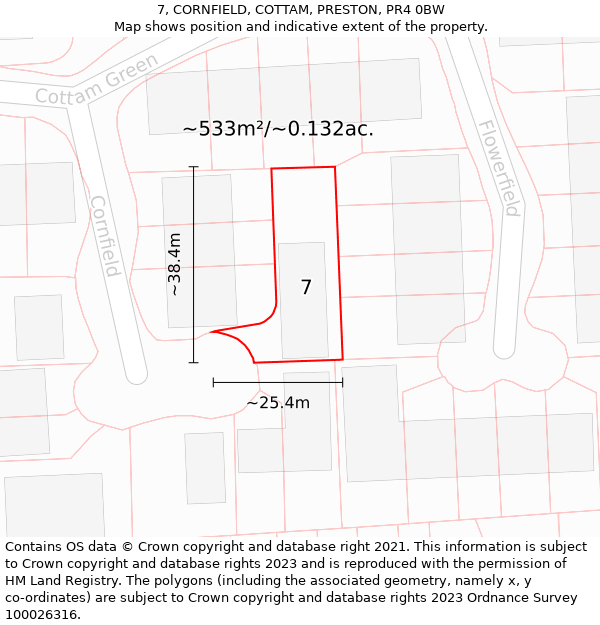 7, CORNFIELD, COTTAM, PRESTON, PR4 0BW: Plot and title map