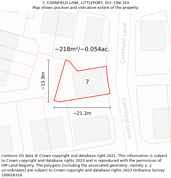 7, CORNFIELD LANE, LITTLEPORT, ELY, CB6 1EX: Plot and title map