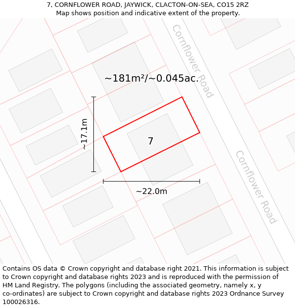 7, CORNFLOWER ROAD, JAYWICK, CLACTON-ON-SEA, CO15 2RZ: Plot and title map