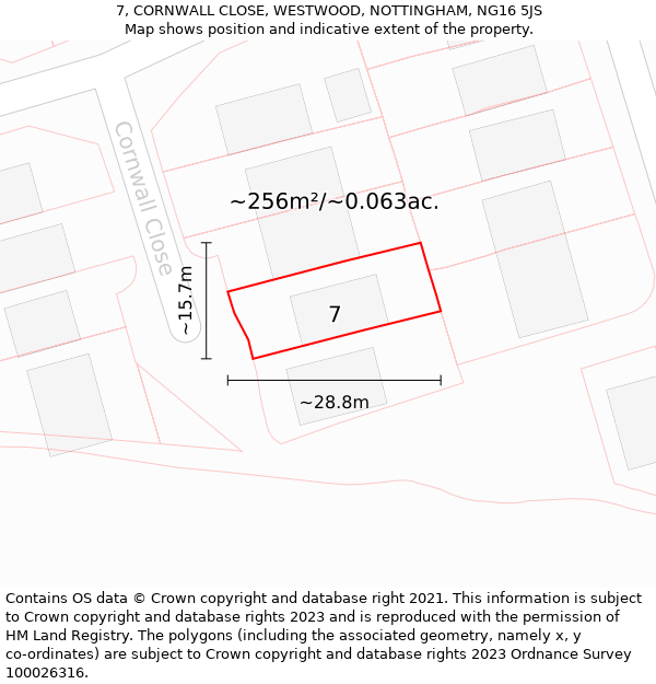 7, CORNWALL CLOSE, WESTWOOD, NOTTINGHAM, NG16 5JS: Plot and title map