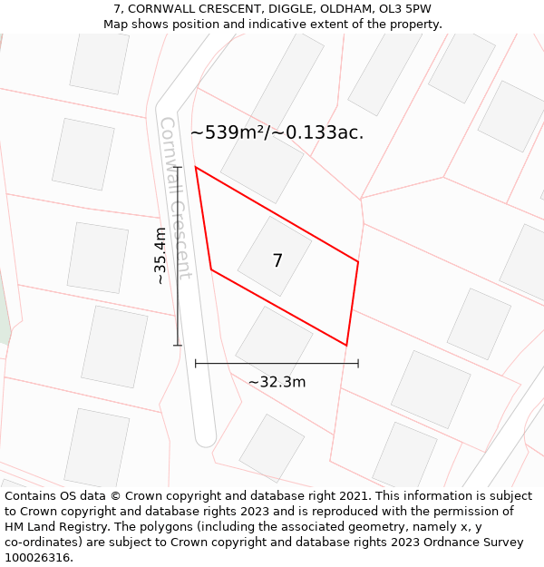 7, CORNWALL CRESCENT, DIGGLE, OLDHAM, OL3 5PW: Plot and title map