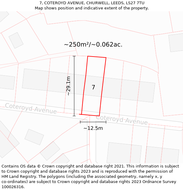 7, COTEROYD AVENUE, CHURWELL, LEEDS, LS27 7TU: Plot and title map