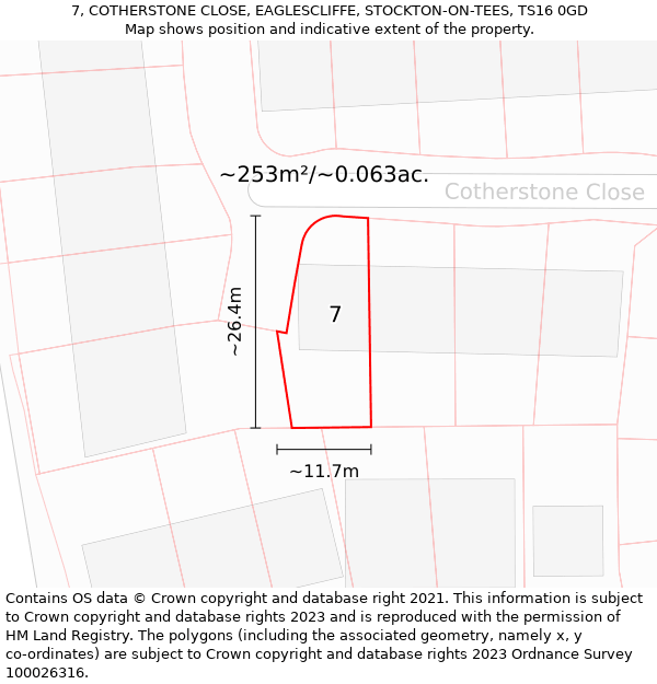 7, COTHERSTONE CLOSE, EAGLESCLIFFE, STOCKTON-ON-TEES, TS16 0GD: Plot and title map