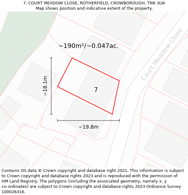 7, COURT MEADOW CLOSE, ROTHERFIELD, CROWBOROUGH, TN6 3LW: Plot and title map