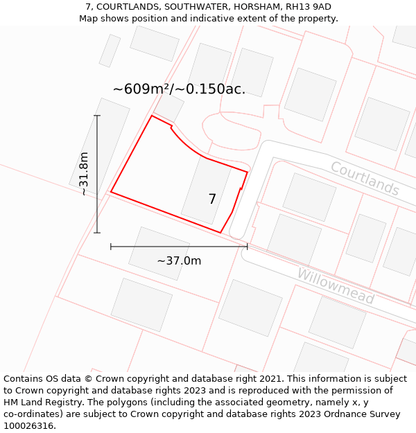 7, COURTLANDS, SOUTHWATER, HORSHAM, RH13 9AD: Plot and title map