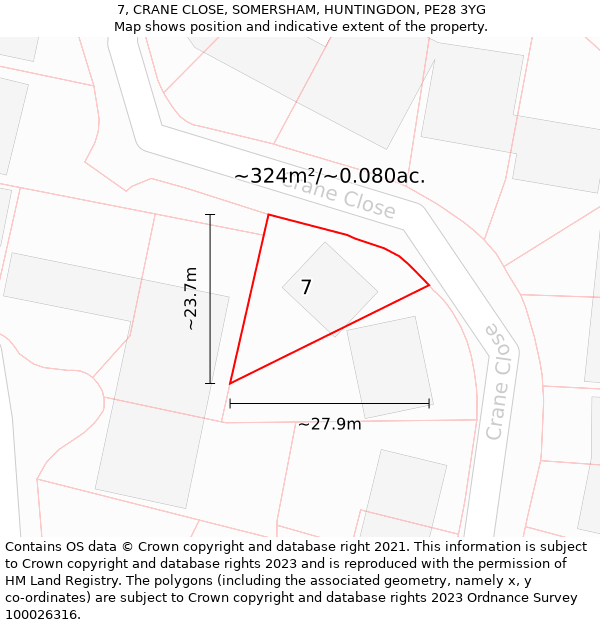 7, CRANE CLOSE, SOMERSHAM, HUNTINGDON, PE28 3YG: Plot and title map