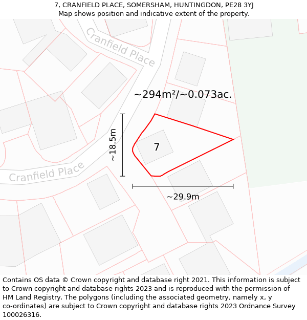 7, CRANFIELD PLACE, SOMERSHAM, HUNTINGDON, PE28 3YJ: Plot and title map