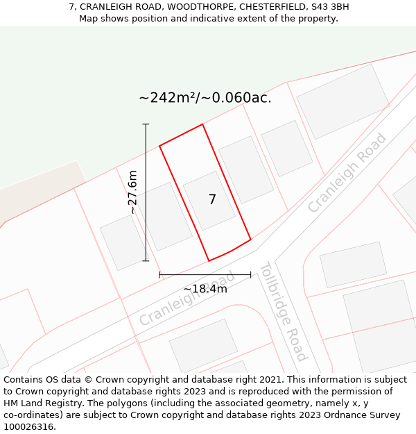 7, CRANLEIGH ROAD, WOODTHORPE, CHESTERFIELD, S43 3BH: Plot and title map