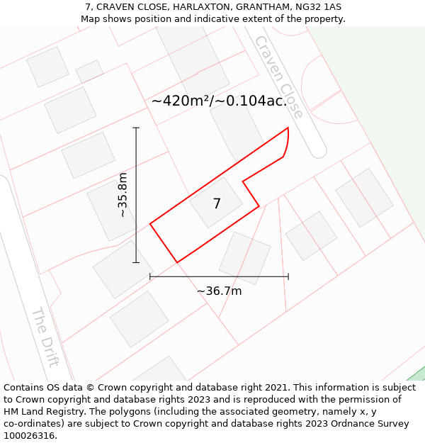 7, CRAVEN CLOSE, HARLAXTON, GRANTHAM, NG32 1AS: Plot and title map