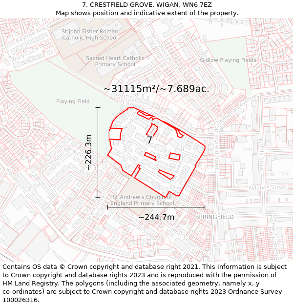 7, CRESTFIELD GROVE, WIGAN, WN6 7EZ: Plot and title map