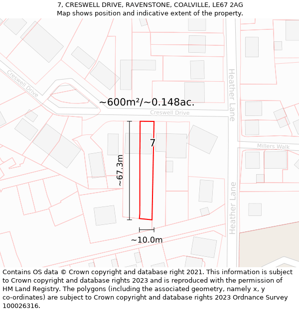 7, CRESWELL DRIVE, RAVENSTONE, COALVILLE, LE67 2AG: Plot and title map