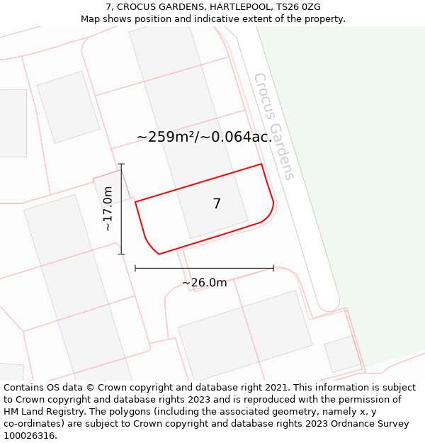 7, CROCUS GARDENS, HARTLEPOOL, TS26 0ZG: Plot and title map