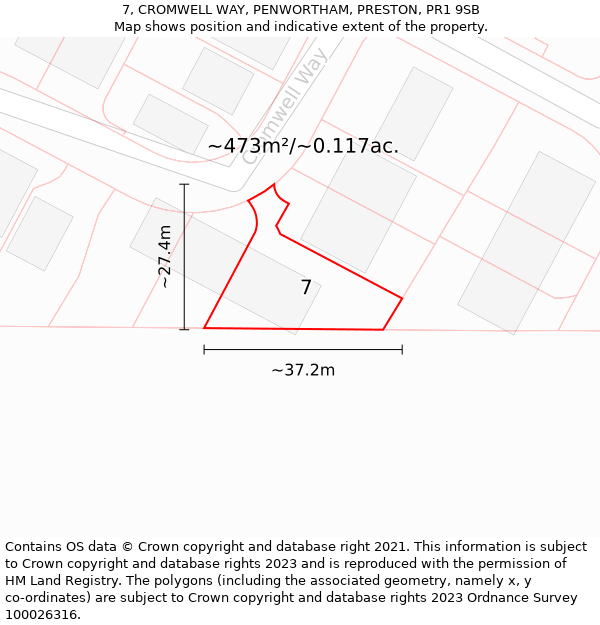 7, CROMWELL WAY, PENWORTHAM, PRESTON, PR1 9SB: Plot and title map