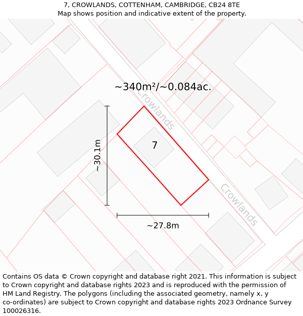 7, CROWLANDS, COTTENHAM, CAMBRIDGE, CB24 8TE: Plot and title map