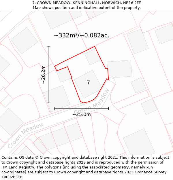 7, CROWN MEADOW, KENNINGHALL, NORWICH, NR16 2FE: Plot and title map