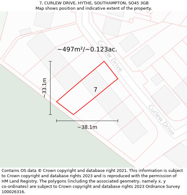 7, CURLEW DRIVE, HYTHE, SOUTHAMPTON, SO45 3GB: Plot and title map