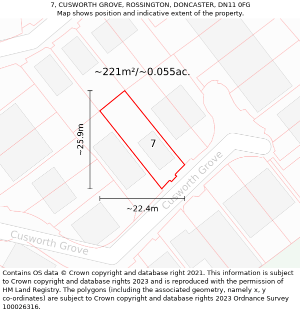 7, CUSWORTH GROVE, ROSSINGTON, DONCASTER, DN11 0FG: Plot and title map