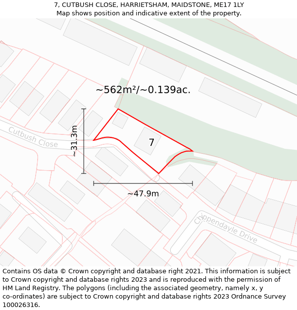 7, CUTBUSH CLOSE, HARRIETSHAM, MAIDSTONE, ME17 1LY: Plot and title map