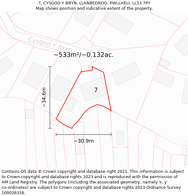 7, CYSGOD Y BRYN, LLANBEDROG, PWLLHELI, LL53 7PY: Plot and title map