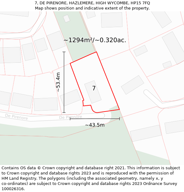 7, DE PIRENORE, HAZLEMERE, HIGH WYCOMBE, HP15 7FQ: Plot and title map