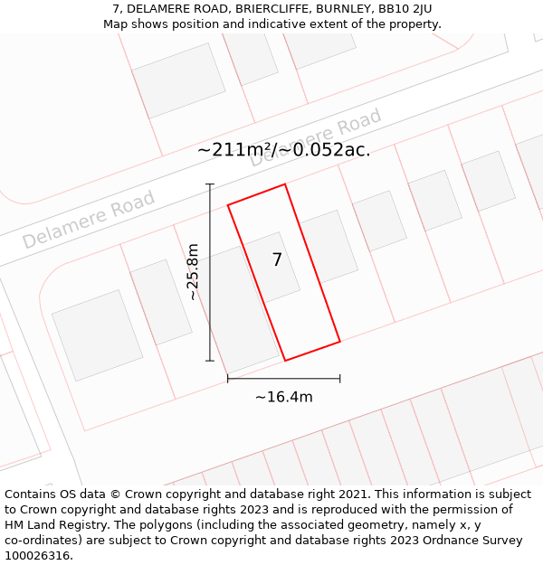 7, DELAMERE ROAD, BRIERCLIFFE, BURNLEY, BB10 2JU: Plot and title map
