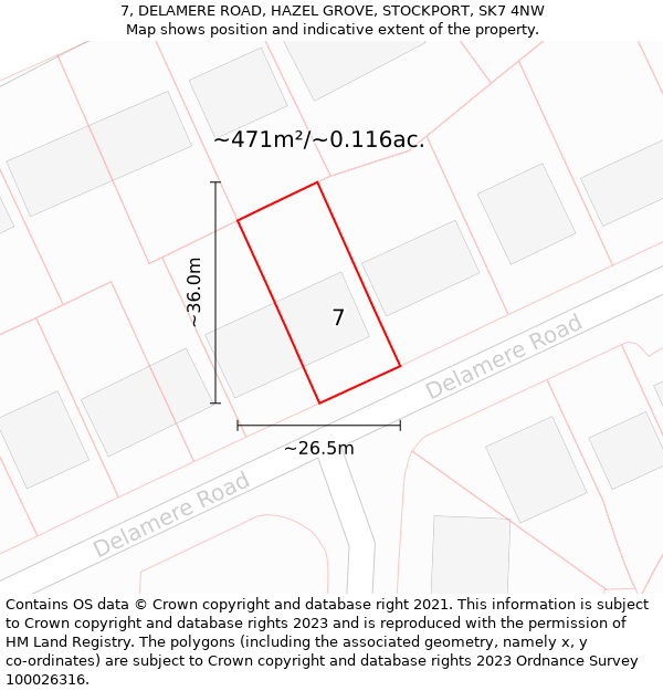 7, DELAMERE ROAD, HAZEL GROVE, STOCKPORT, SK7 4NW: Plot and title map