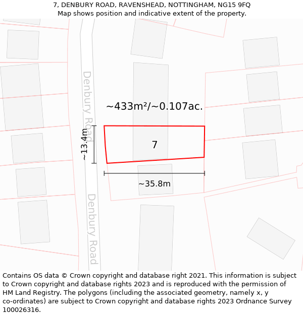 7, DENBURY ROAD, RAVENSHEAD, NOTTINGHAM, NG15 9FQ: Plot and title map